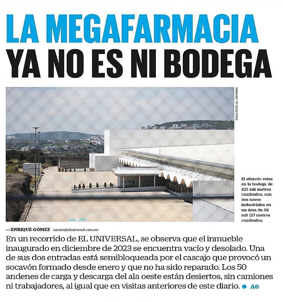 Melissa_Bely's tweet photo. 🚨 ESCÁNDALO 

La Megafarmacia de Huehuetoca, inaugurada en 2023, hoy luce desolada.

Entrada semibloqueada por un socavón sin reparar desde enero.

Los andenes de carga vacíos y sin actividad.

Así luce el proyecto estrella contra el desabasto de medicamentos.

👇 https://t.co/I1XL8bzLZs