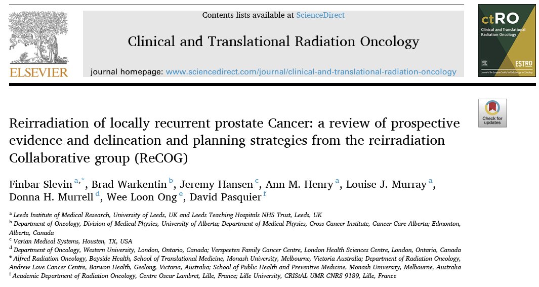 jryckman3's tweet photo. ReCOG Reirradiation of Locally Recurrent Prostate Cancer

20 published prospective studies of SBRT or brachytherapy reirradiation for radiorecurrent prostate cancer. No phase 3 trials.

Most series report low rates of high-grade GU and GI adverse events, with outliers: 16% late G3 GU in one SBRT cohort, and 12% G4 rectoprostatic fistula in an LDR series that delivered primary-equivalent doses and reported no bladder or urethra constraints.

Planning is not standardized. Focal to whole gland with or without SIB, CTV margins 0 to 7 mm, OAR structures split between Bladder vs Bladder_Wall, Rectum vs Rectal_Wall, Urethra vs Urethra_PRV.

The gap that stands out: every published study applies de novo, course-specific constraints to the reRT plan alone. None use cumulative EQD2. Only 1 of 11 ongoing studies (RO-PIP) will.

Prostate may be the one site where this is defensible. Prior dose is near-uniform (74 to 80 Gy whole gland in most series), intervals are long, and the relevant OARs are parallel with steep gradients. A fixed second-course constraint is close to a cumulative one when everyone starts from the same place. A prior brachytherapy Delphi reached consensus that constraints should not depend on prior dose.

In practice it reduces to what my dosimetrists actually get from me: keep 105% out of the urethra, rectum, and bladder. Don't sweat the dose distribution prior course.

Dosimetry aside, appropriate patient selection is most important, as it is in all reirradiation cases, regardless of site.

#RadOnc #OncTwitter #PCSM

https://t.co/oetBXOA0Eg