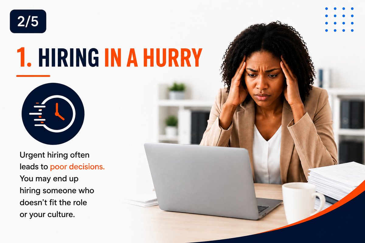 expressconnect's tweet photo. Recruitment Question #5

What's the biggest recruitment mistake SMEs make?

Hiring in a hurry.
Urgency can lead to poor decisions and the wrong hire.

The goal isn't just to fill the vacancy.
It's to find the right person for the role and culture.

#SMEs #FastHire100 https://t.co/TeRaMGFTha