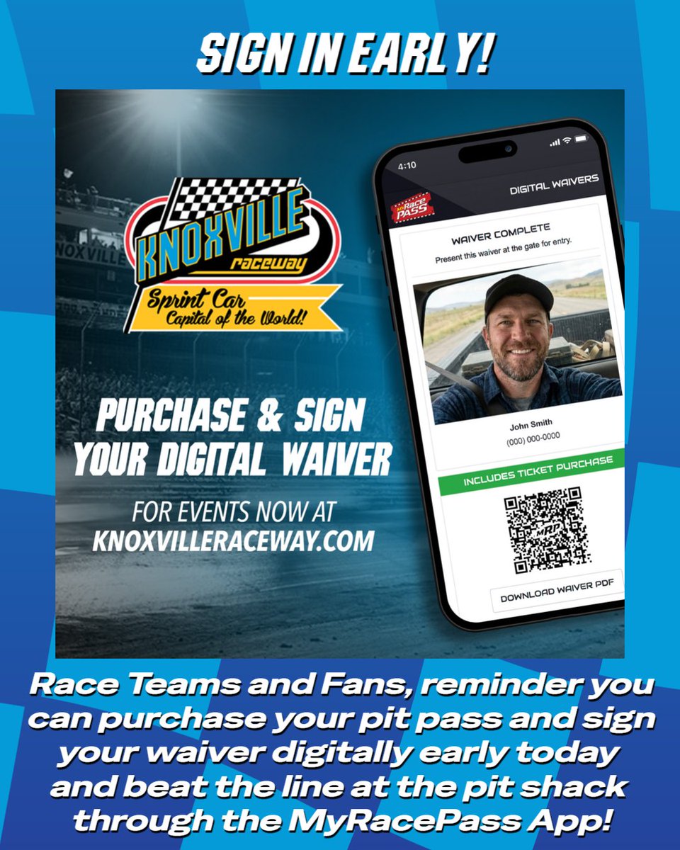 knoxvilleraces's tweet photo. Race Teams and Fans, reminder you can purchase your pit pass and sign your waiver digitally early today and beat the line at the pit shack through the @MyRacePass App! #GetTheApp https://t.co/Ena38Eyu4j