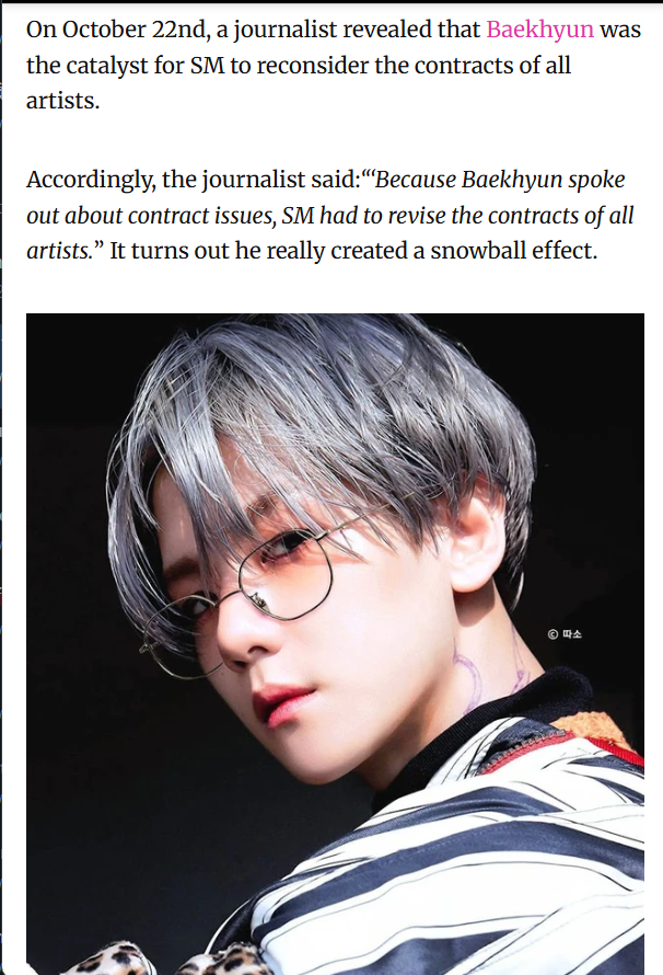 Baekie_bum's tweet photo. [old news but worth remembering]

During the CBX-SM dispute, Baekhyun directly raised issues w the members’ existing contracts &amp; pushed for unfavorable terms to be amended. SM ultimately accepted &amp; the contracts were revised for artists across the co, inc newly debuted artists🤍 https://t.co/t0u4oHpn1x