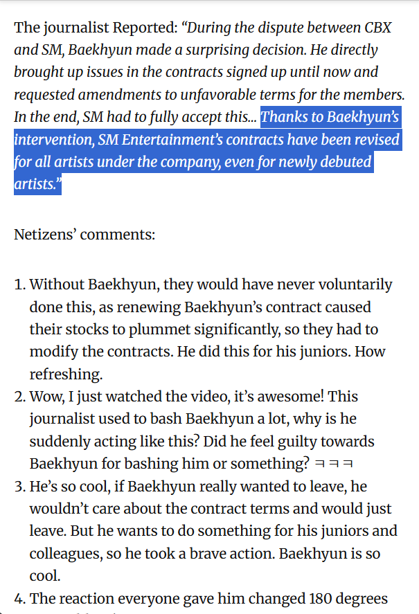 Baekie_bum's tweet photo. [old news but worth remembering]

During the CBX-SM dispute, Baekhyun directly raised issues w the members’ existing contracts &amp; pushed for unfavorable terms to be amended. SM ultimately accepted &amp; the contracts were revised for artists across the co, inc newly debuted artists🤍 https://t.co/t0u4oHpn1x