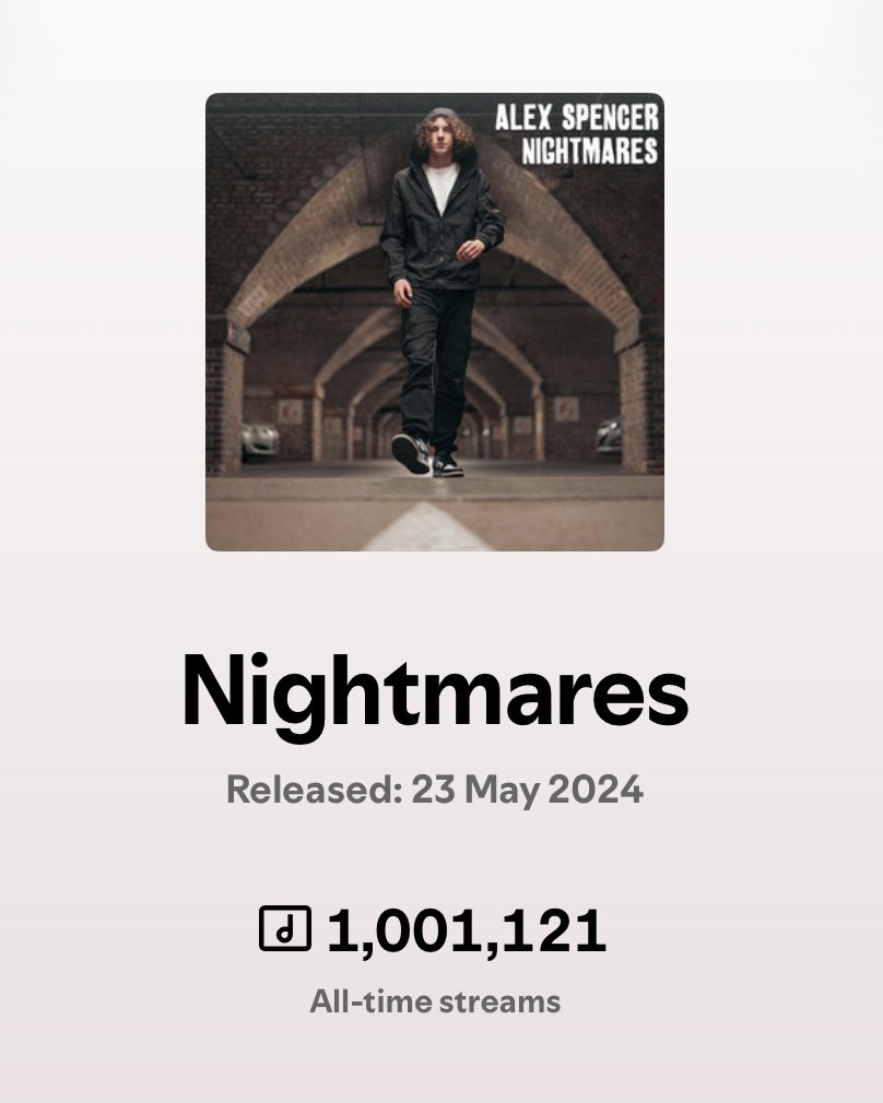 alexspencerUK's tweet photo. 1 million streams on Nightmares💚🤯

Thank you to every person who’s streamed it, supported it, screamed it at shows and been a part of the journey !!

16 year old Alex wouldn’t believe it right now

The first of many, onwards and upwards 🚀🏆 https://t.co/TyzQBjljNK
