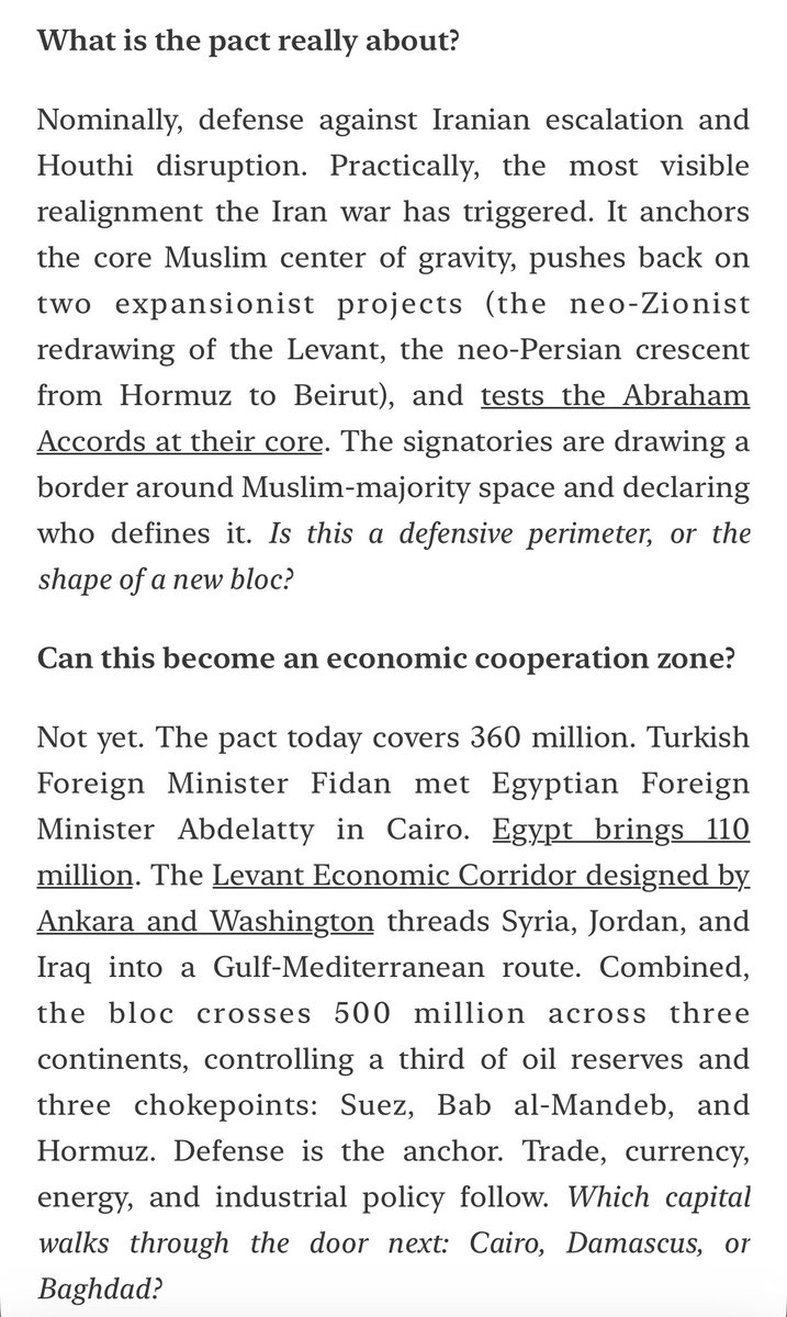 karimbitar's tweet photo. 🇹🇷 🇸🇦 🇵🇰 “Turkey brings NATO’s second-largest army. Saudi Arabia brings oil-market power and G20 weight. Pakistan brings the Muslim world’s only nuclear arsenal.”
👉https://t.co/AuYEPvBvpl 
The pact “pushes back on two expansionist projects (the neo-Zionist redrawing of the Levant, the neo-Persian crescent from Hormuz to Beirut)”

“Some pacts announce a war. This one announces a bloc”

via @theacedispatch