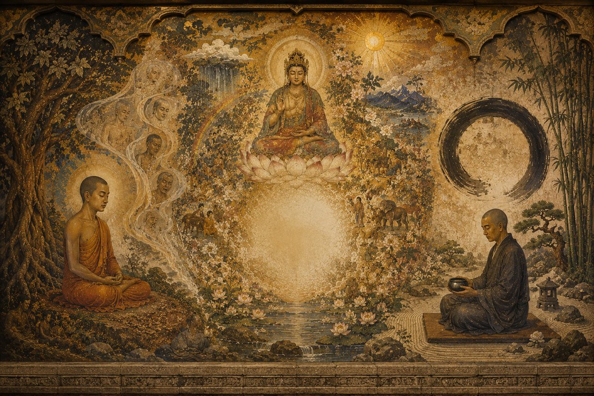 BuddhaBeings's tweet photo. ONE TEACHING, THREE DOORS INTO EMPTINESS ☸️

Emptiness in the Buddhist teachings is not a cold Void where nothing matters. It is the discovery that nothing exists alone, permanently, or as a fixed self.

In Theravada Buddhism, emptiness invites us to look within and find that body, feelings, perceptions, thoughts, and consciousness are empty of "me" and "mine." What seems to be a solid person is a changing stream of conditions.

Mahayana Buddhism opens the vision wider. Not only the person, but all phenomena are empty of independent existence. Everything arises through causes, conditions, relationships, and names. A flower contains sunlight, rain, soil, and the whole earth.

Zen brings this Truth into immediate experience. Instead of holding emptiness as an idea, it asks us to meet this breath, this sound, this cup of tea - without dividing life into self and other. The empty bowl is useful precisely because it can receive.

The Buddhist traditions differ in language, emphasis, and method, yet each loosens the same ancient grasping: the wrong belief that things possess an unchanging essence that can be owned and defended.

Emptiness does not make life less sacred. It reveals that every life is woven into every other life.

When nothing stands alone, compassion becomes the most natural response. 🙏

#Buddha #Buddhism #Buddhist #Emptiness #Meditation #Mindfulness #Kindness #Compassion #Peace