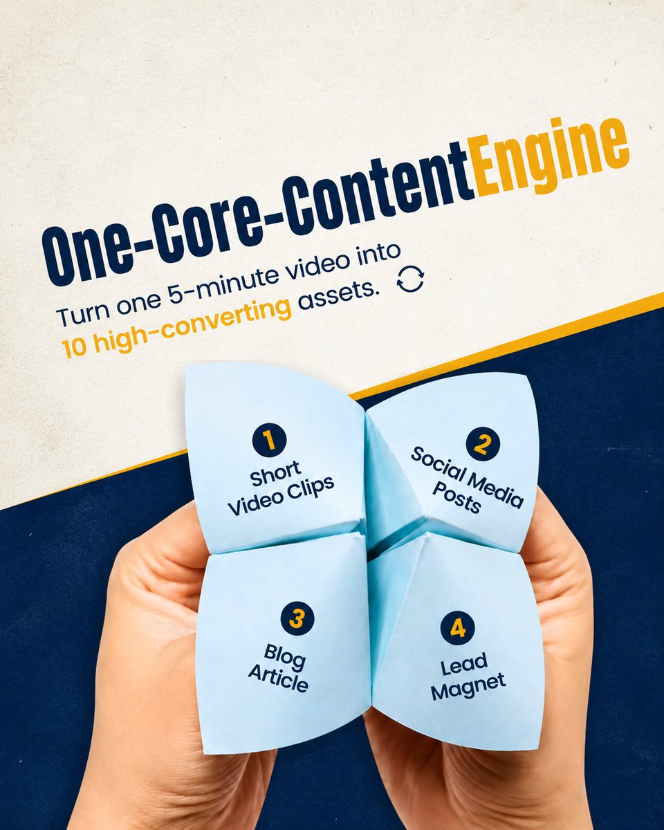 nahyansq's tweet photo. 1. Record one high-value 5-minute video answering a major client question.

2. Extract 3 short vertical video clips for Instagram &amp; LinkedIn.

3. Turn the main insights into a text-based post.

4. Convert the solution into a downloadable checklist to capture leads.

#nahyansq https://t.co/RoobNscN7d