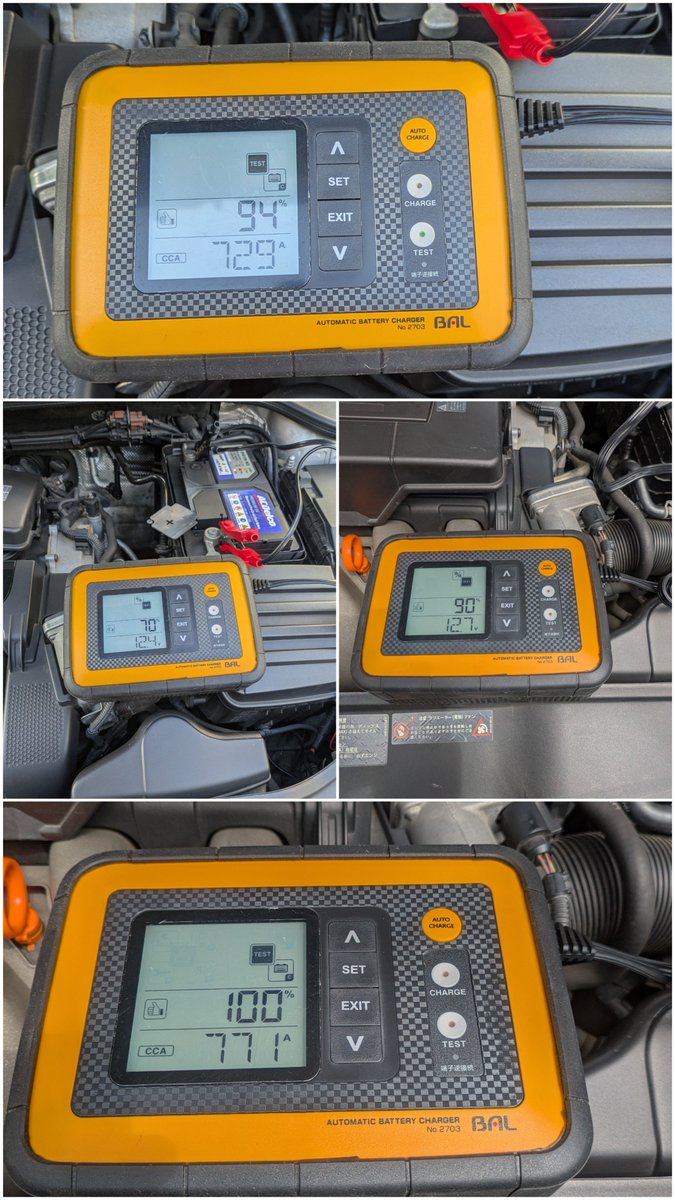 kerosawa's tweet photo. 2号バッテリー（LN3 80AH SAE770CCA 2年5ヶ月）のパルス充電6h

充電前 12.4V CCA729
充電後 12.7V CCA771 https://t.co/bER4dp4Air