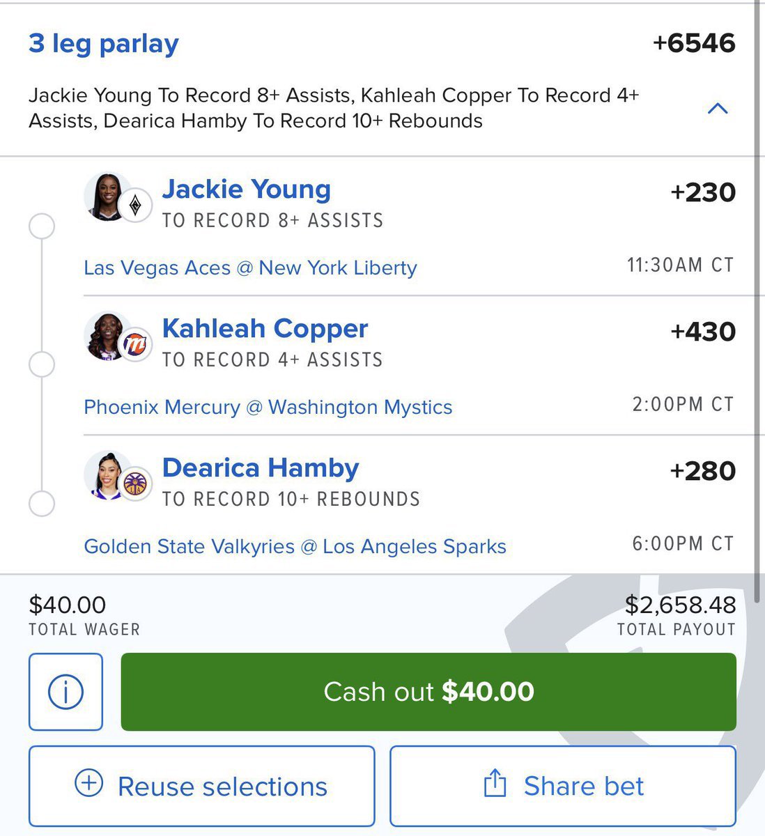VictorScot001's tweet photo. THE $40 → $2.6K DREAM SLIP IS LOCKED IN 💰 🔥

@Playbook 

🏀 Jackie Young 8+ AST
🏀 Kahleah Copper 4+ AST
🏀 Dearica Hamby 10+ REB https://t.co/aYRIFDoKa0