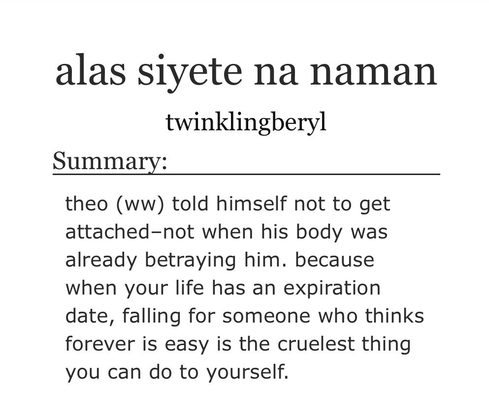 twinklingberyl_'s tweet photo. alas siyete na naman
#minwon filo ao3 fic

—15.8k words
—written in taglish
—one shot

tags: mcd, slow burn, enemies to lovers, light to heavy angst

🔗 https://t.co/jqc0tWr01m https://t.co/W17IMLlSBl
