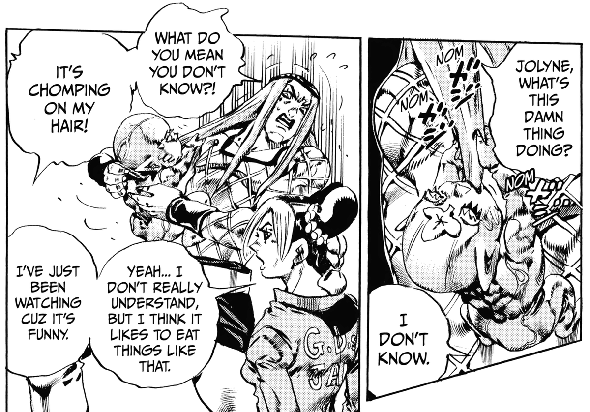 SOCornplate's tweet photo. Jolyne doesn't understand why the Green Baby likes to chew on Anasui's hair. https://t.co/O19axl2TaA