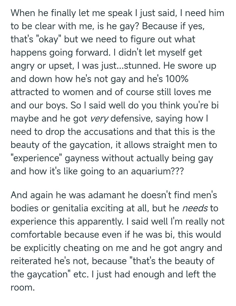 tarabomp's tweet photo. remembering the Reddit story about a husband who insists he needs to go on a gaycation where he behaves gay for the duration and he must "surrender himself mind, body and soul" to the gaycation or "be destroyed" https://t.co/GHEimoDdsC https://t.co/1JtY7cGXfV