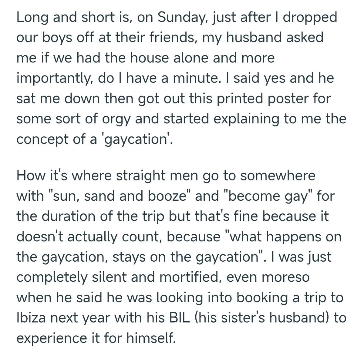 tarabomp's tweet photo. remembering the Reddit story about a husband who insists he needs to go on a gaycation where he behaves gay for the duration and he must "surrender himself mind, body and soul" to the gaycation or "be destroyed" https://t.co/GHEimoDdsC https://t.co/1JtY7cGXfV