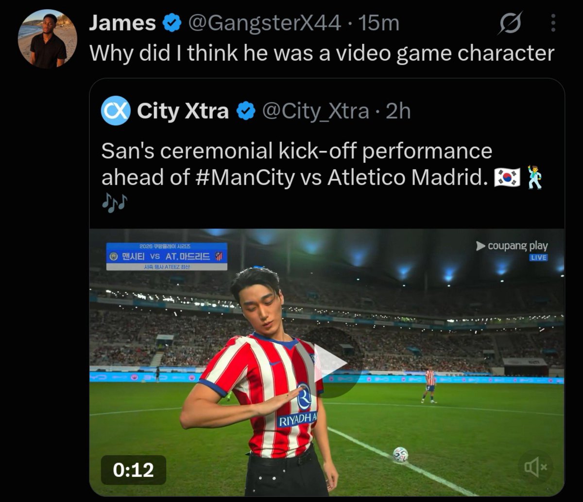 allforsan710's tweet photo. Soccer fans who know nothing abt K-Pop think San is a video game character or ai 😭 his visual is unreal indeed!
"He's so handsome that the boy looks like AI"
"u look like a video game character"
"Whoever that guy is, he's annoyingly handsome"

#CHOISAN #산 #최산_쿠팡플레이_시축 https://t.co/brubnzilmN