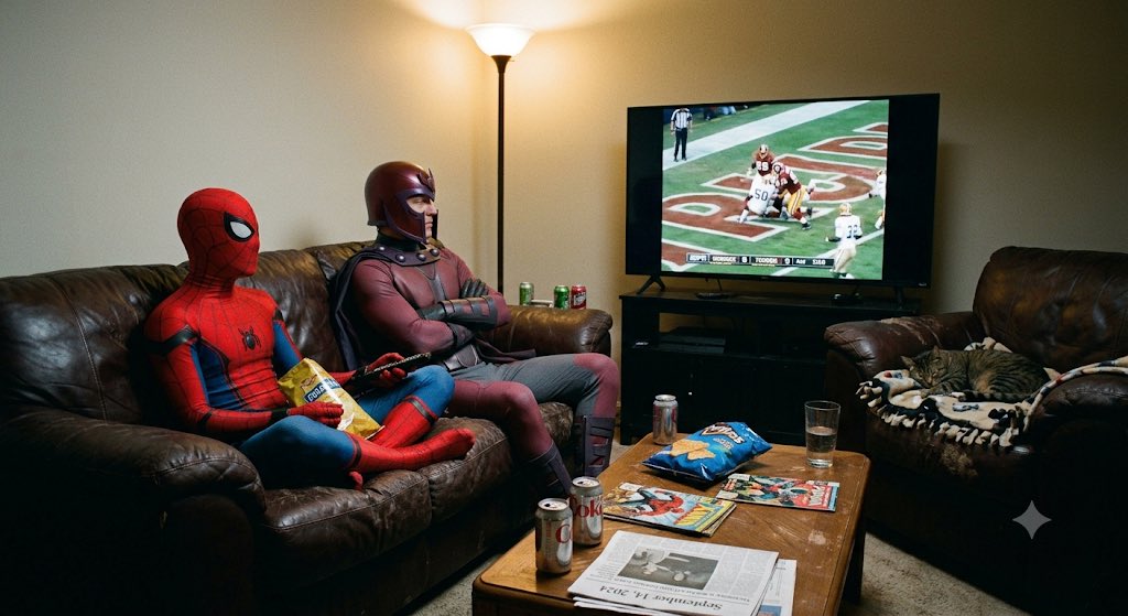 matt_91X's tweet photo. #Ai #AiArt #Spiderman #Magneto #Football #Marvel #Xmen #Livingroom #Doritos #Chips #Couch #Chair #PeterParker #TomHolland https://t.co/wiqAIao7Rd