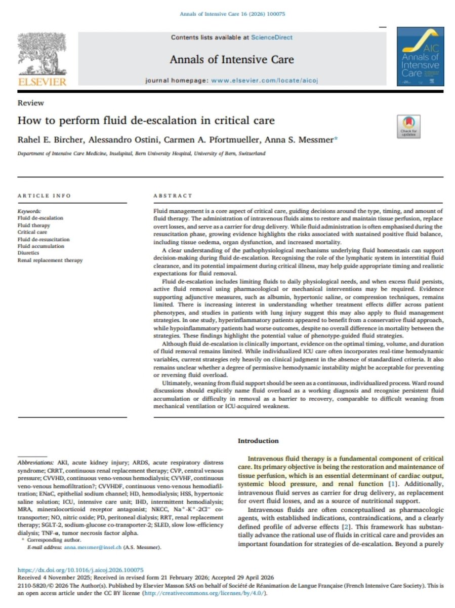 Leo_Santo5's tweet photo. 💧 ¿Sabemos Cuándo Dar Líquidos… Pero También Cuándo Empezar a Quitarlos?

🔄 De-resucitación
💊 Diuréticos
🫀 Congestión
🎯 Balance hídrico individualizado

📚 Annals of Intensive Care 2026

Enlace al artículo completo👇🏻🆓✅
https://t.co/xumUMHaxVK https://t.co/ai91RbUer5