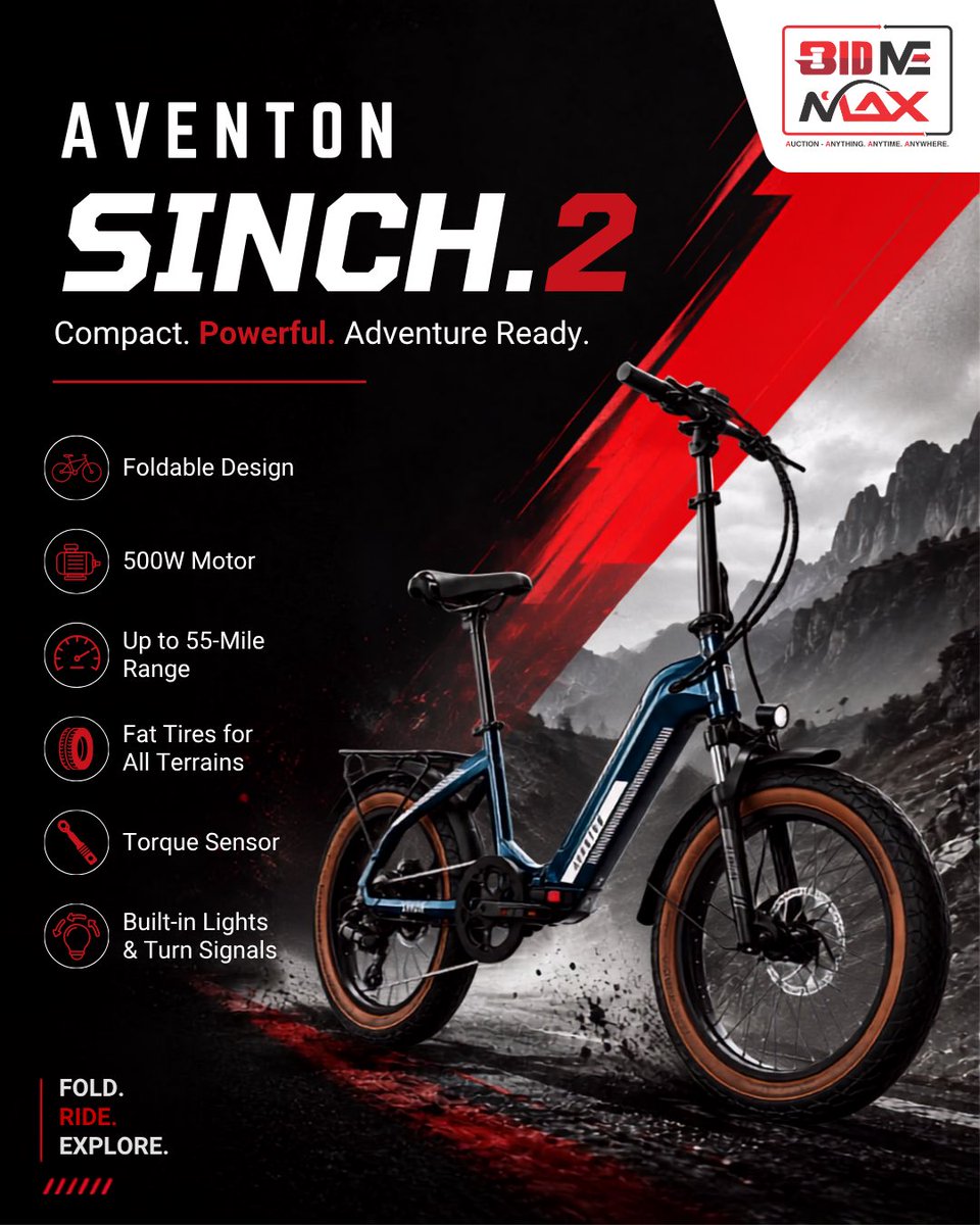 Bidmemax's tweet photo. Compact. Powerful. Adventure-ready. 🚲⚡ The Aventon Sinch.2 brings a foldable design, 500W motor, up to 55-mile range, fat tires, torque sensor and built-in lights—ready to take your ride beyond the ordinary. #Aventon #Sinch2 #EBike #ElectricBike #Adventure https://t.co/zs7fd0Wv7U