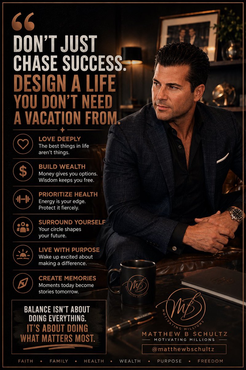 mschultz33's tweet photo. 🔥 DON’T SPEND YOUR ENTIRE LIFE CHASING SUCCESS… ONLY TO REALIZE YOU FORGOT TO BUILD A LIFE.

Money matters. Success matters. Ambition matters.

But so does your health.
Your faith.
Your family.
Your relationships.
Your freedom.
Your peace.
And the memories you make along the way.

I’ve always believed real wealth is bigger than a bank account.

Build the business. Build the wealth. Build the body. Strengthen your faith. Love your people. Protect your peace. Create the memories.

Because the ultimate goal isn’t simply to become successful.

It’s to become successful without losing everything that made success worth having.

Design a life you don’t need a vacation from.

That’s what it means to WIN AT LIFE. 🏆

❤️ LIKE if this speaks to you.
📌 SAVE this for the days life gets too busy.
📲 SHARE it with someone chasing big goals.
➕ FOLLOW @matthewbschultz for daily motivation, mindset, success, prosperity, health, longevity and life wisdom.

What does “winning at life” mean to YOU? Drop it in the comments. 👇

#Motivation #Success #Mindset #Inspiration #PersonalGrowth