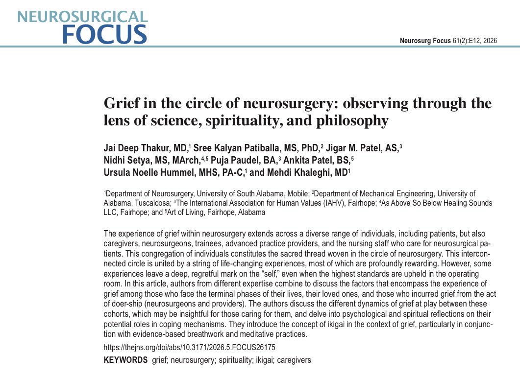 jaithakurMD's tweet photo. While we see numerous profoundly rewarding tranformative experiences as a neurosurgeon; every neurosurgery provider have been witness to devastating clinical scenarios and makes you experience “Grief” from a unique dimmension. You see the grief of the patient, patient caregivers, providers attached to the care of the patient and witness your own. Our team of Neurosurgeons, Engineers, SKY Breath Meditation Facilatators, Sound Alchemist and Advanced Practice Providers come together to discuss the Grief seen in the circle of Neurosurgery through this paper in JNS Focus. We illuminate the potential role of “Ikigai”, teachings of non dualistic philosophy of Ashtavakra Gita and SKY Breath meditation practices in handling grief. @jmp9782 @jacquesmorcosmd @TheJNS @DoctorZada @Gurudev @ajtejasvi @Bhanujgd 
#grief #neurosurgery #skybreath #ikigai