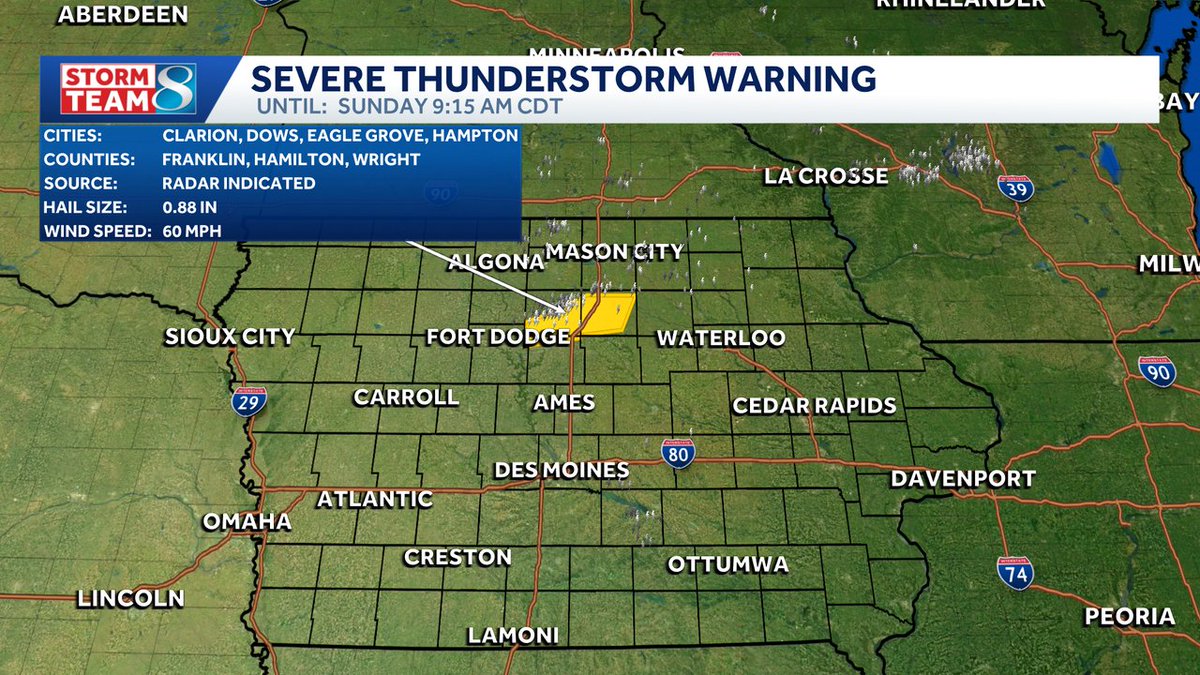 sloanedulany's tweet photo. A Severe Thunderstorm Warning is in place until 9:15AM for portions of Wright, Franklin, and Hamilton counties. https://t.co/GFklh4ZX8o