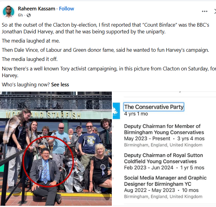 dave43law's tweet photo. Farage fan boy has hissy fot because people from other parties have supported Binface because they have no candidate.

Maybe he needs research the word democracy - guess it isn't used in Reform circles that much https://t.co/u7qjT4Zzka