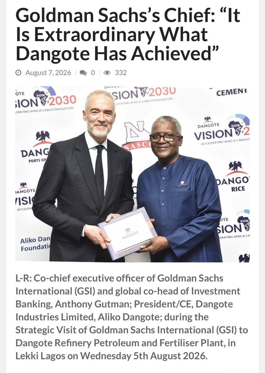 FinPlanKaluAja1's tweet photo. They say, “If you build it, they will come.”

Dangote has attracted both the Norwegian Sovereign Fund and Goldman Sachs to Nigeria.

One man.

I still predict that, at the current rate, Dangote alone will, at some point, generate more FX revenue for the Nigerian Federation than all other private companies combined.