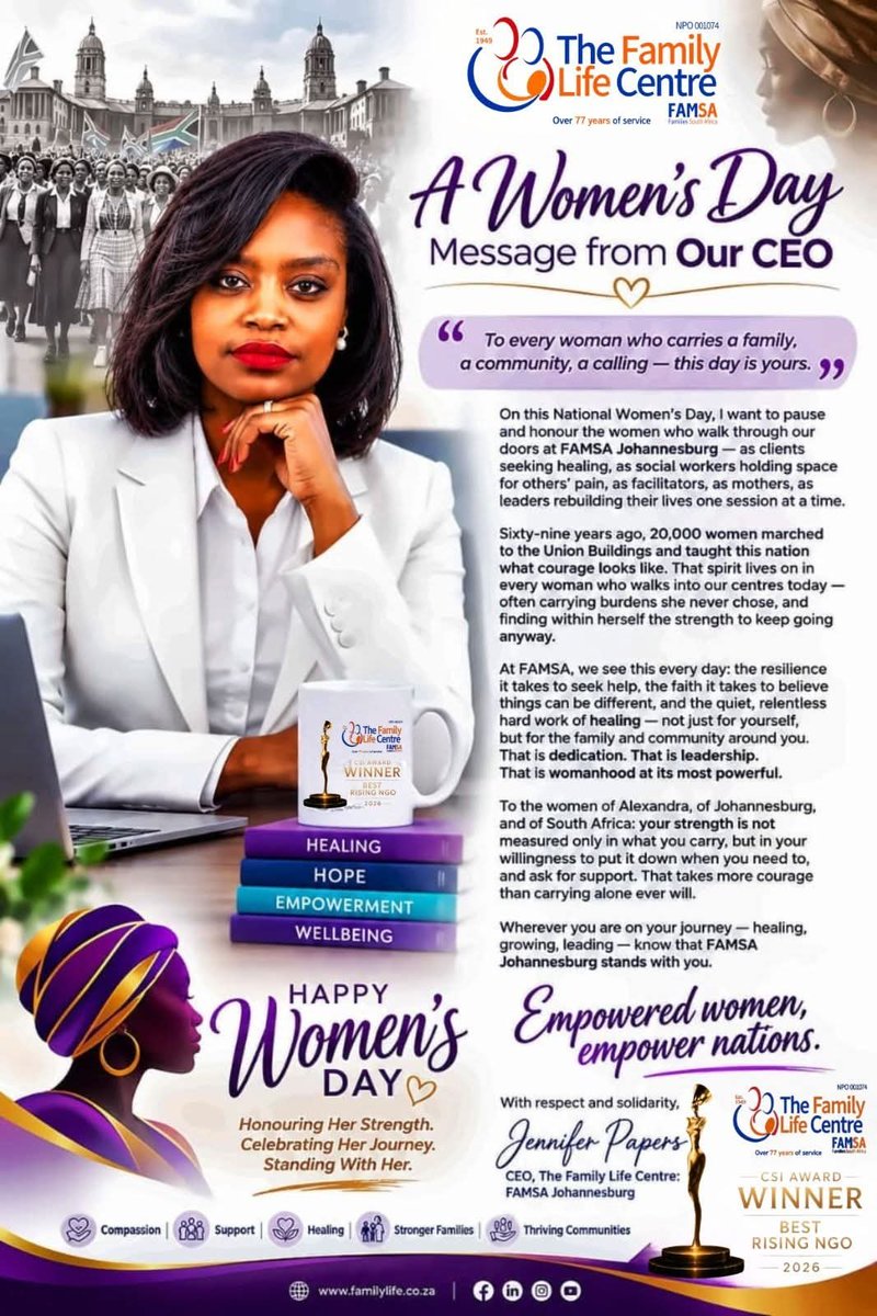 FAMSA_JHB's tweet photo. HAPPY WOMEN'S DAY TO ALL THE BEAUTIFUL, PHENOMENAL LADIES ACROSS SOUTH AFRICA. WE SEE YOU AND VALUE ALL OF YOU. EVERY WOMAN MATTER! ❤️🌹🥰

#Thefamilylifecentre
#Womensday
#Youmatter
#Weloveyou https://t.co/A416NbxlQy