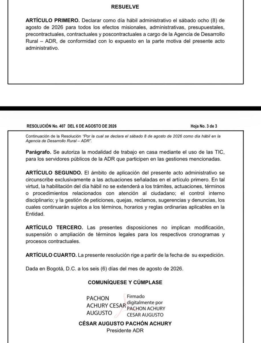SebastianNohra's tweet photo. Señor @CesarPachonAgro, esta resolución tiene su nombre. ¿Es falsa acaso? ¿Por qué dio el 8 de agosto como día hábil con “todos los efectos misionales”? https://t.co/UNuh2BxEiX
