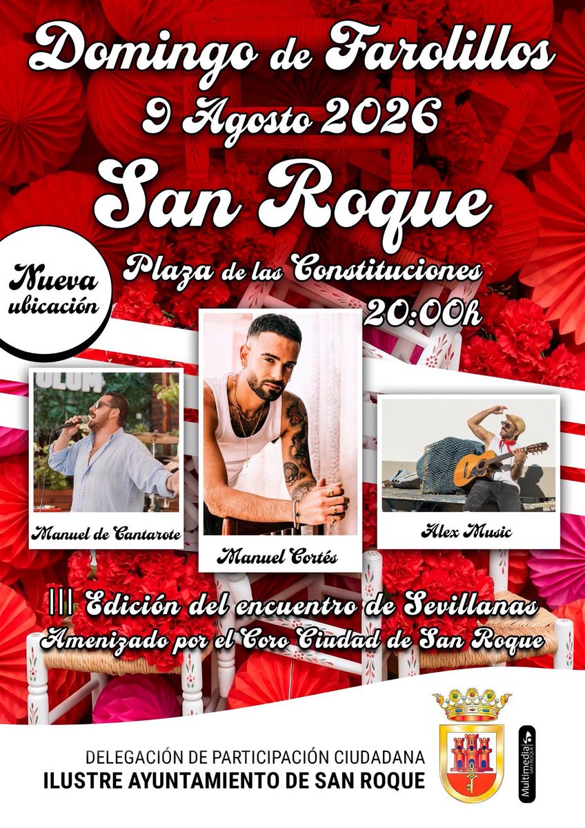 Ayto_SanRoque's tweet photo. 💃Esta noche en la Plaza de las Constituciones, III Domingo de Farolillos🔴
La Delegación de Participación Ciudadana, que dirige la concejal Rocío Fernández, organiza el III Domingo de Farolillos, fiesta de entrada gratuita previa a la Feria Real, que comienza el martes. La cita es este domingo a partir de las 20.00 horas en la Plaza de Armas, y comenzará con el III Encuentro por Sevillanas amenizado por el Coro Rociero “Ciudad de San Roque”, al que seguirán las actuaciones de Manuel de Cantarote, Manuel Cortés y Álex Music.
#SanRoqueParticipacionCiudadana
#CanalSanRoqueMultimediaRTVM
CANAL SAN ROQUE & MULTIMEDIA RTVM
MÁS VÍDEOS Y NOTICIAS EN:
https://t.co/QiLc9OWq7e
https://t.co/SJwJ1wANBu