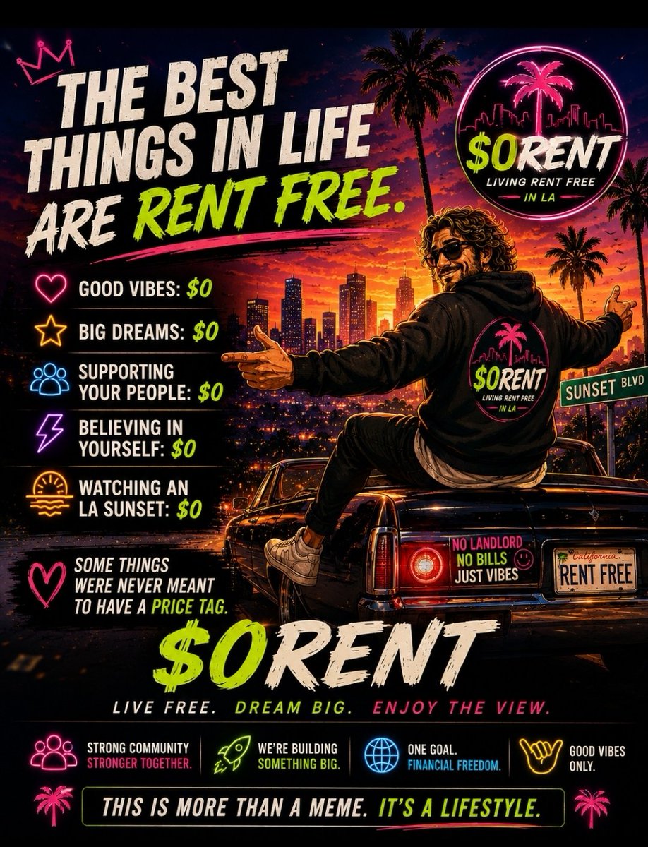 0ZeroRent's tweet photo. 🌴 THE BEST THINGS IN LIFE ARE RENT FREE.
Good vibes: $0
Big dreams: $0
Watching an LA sunset: $0 🌅
$0RENT 🏠
Live free. Dream big. Enjoy the view.
Who’s living rent free with us? 😎
https://t.co/P1vZIKrPpr

#0RENT #Solana #MemeCoin #RentFree https://t.co/TIjifeVHgz