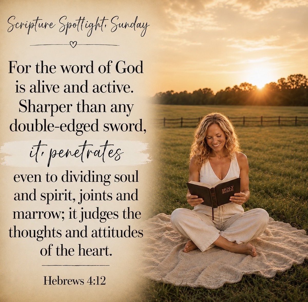 Just_Elle's tweet photo. 📖✨✝️ Happy Sunday, it is
#ScriptureSpotlightSunday
In Hebrews 4:12 we read the word of God is Alive and Active. Sharper than any double-edged sword 🗡️
Take pause and think about it.
God’s Word doesn’t simply inform us, it transforms us. It reaches beyond the surface, revealing what’s hidden and shaping our hearts to reflect His. Anywhere. Anytime.
Be blessed, keep shining and sharing. ~ 🤍Elle