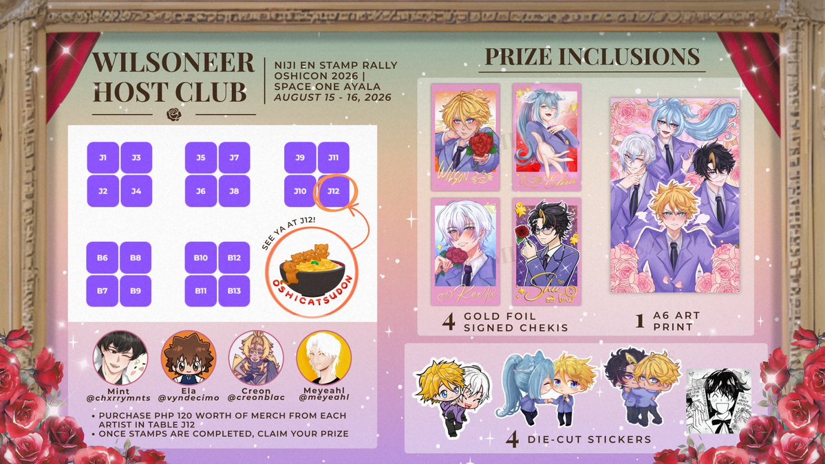 creonblac's tweet photo. [RTs🌹] 

✧❁~ Wilsoneer Host Club - Niji EN Stamp Rally~❁✧

Heya come join our stamp rally for your oshi hosts at #OshiCon2026 !!

✨Oshicon 2026 
📅 August 15-16, 2026 (Sat-Sun) 
📍 SPACE, One Ayala

#OshiconArtMarket #Oshi2Ü 💖 https://t.co/BjrdjjSuoD