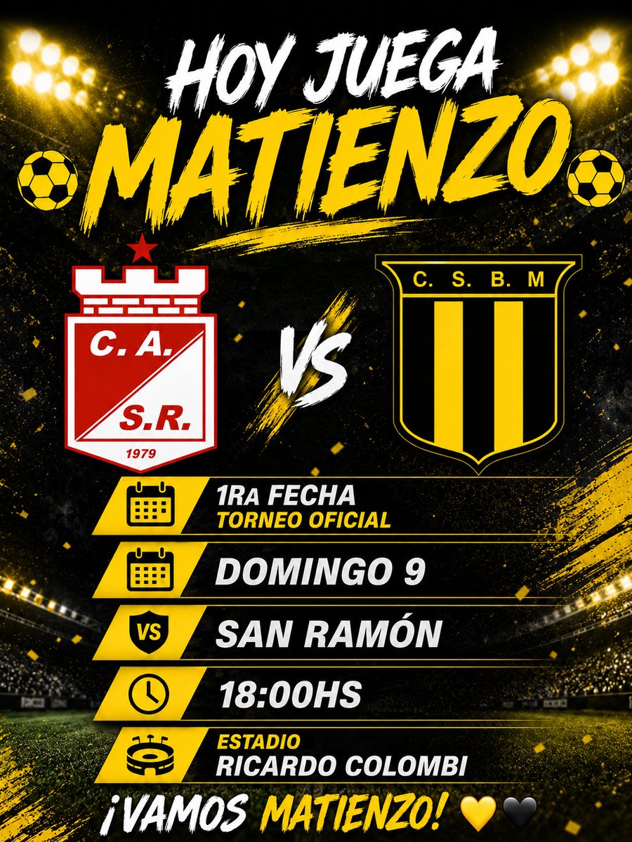 PrensaMatienzo's tweet photo. ⚽💛🖤 HOY JUEGA MATIENZO 💛🖤⚽
1RA FECHA TORNEO OFICIAL
📅 DOMINGO 9
🆚 SAN RAMÓN
🕓 18:00HS
🏟 ESTADIO RICARDO COLOMBI
¡VAMOS MATIENZO! 💛🖤

#TorneoOficial #SoyPitogüe https://t.co/0nVmPNt5eP