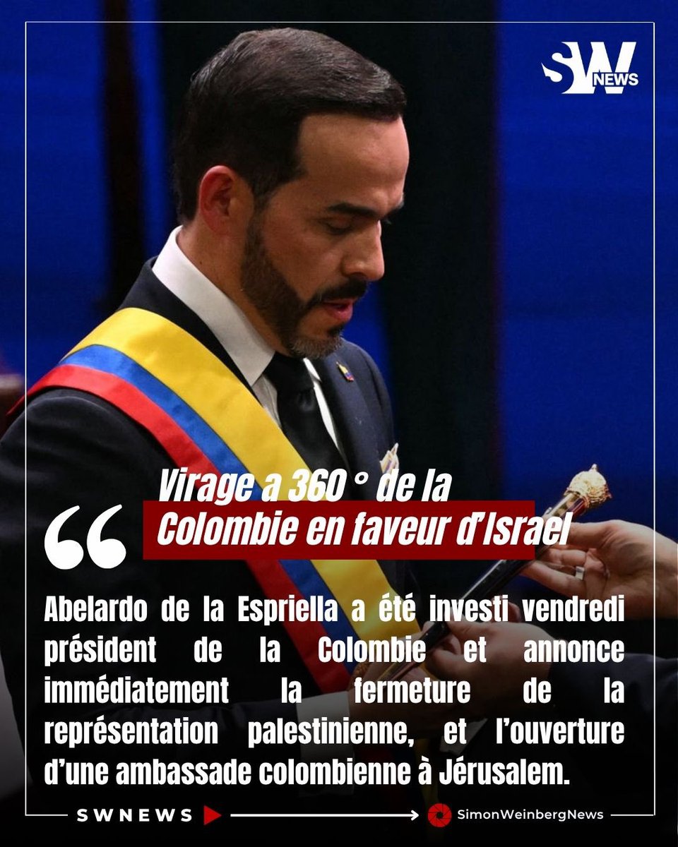 SlMONWEINBERG's tweet photo. 🔴🇨🇴🇮🇱⚡️ | COLOMBIE > Abelardo de la Espriella a été investi vendredi président de la Colombie et annonce immédiatement la fermeture de la représentation palestinienne, et l’ouverture d’une ambassade colombienne à Jérusalem. 

Autre décision majeure : la Colombie entend retirer son engagement dans la procédure internationale visant Israël au côté de l’Afrique du Sud à La Cour Internationale de Justice #CIJ. 

Ces annonces marquent une rupture spectaculaire avec la politique de son prédécesseur Gustavo Petro et interviennent dans le cadre du rétablissement des relations entre Bogotá et Jérusalem.

L’investiture de vendredi a également été marquée par un geste symbolique fort envers la communauté juive. Abelardo de la Espriella est apparu dans une synagogue, devant l’arche sainte ouverte contenant les rouleaux de la Torah, où il reçoit la bénédiction du grand rabbin de Colombie.

📌Le nouveau président colombien assume ainsi un rapprochement avec Israël et les communautés juives, dans une orientation qui rappelle celle adoptée par Javier Milei en Argentine.

#Colombie #Israel #Jerusalem #DeLaEspriella #Geopolitique