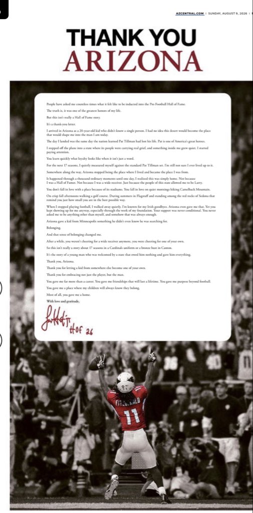 CardsMarkD's tweet photo. The morning after his HOF enshrinement, Larry Fitzgerald with a full page thank you ad in today's Arizona Republic https://t.co/KbmVfBIqQy