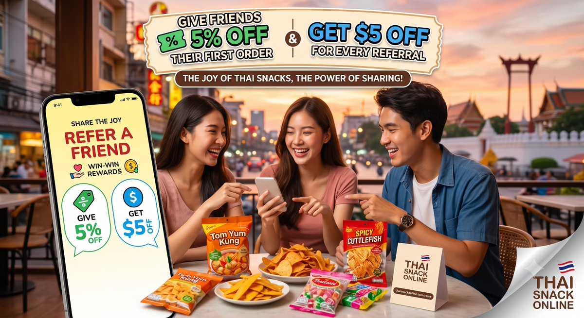 thaisnackonline's tweet photo. Love Thai snacks? 🇹🇭 Share the joy and get rewarded! 🎁
✨ Give your friends 5% OFF their first order. ✨ Get $5 OFF for every friend who makes a purchase!
It's a win-win for everyone! Start referring here 👇 https://t.co/Msk5s4KRwz
#ThaiSnacks #ReferAFriend #SnackTime https://t.co/p9W3lGBF8l