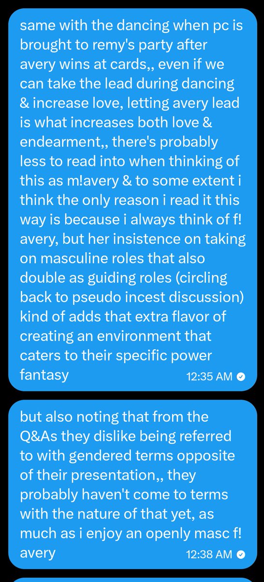 florigance's tweet photo. dm screenshots because i don't feel like retyping it all out, but i did want to bring this discussion out because i've been meaning to talk about it for a bit,,  on f!avery &amp; her relationship with femininity/masculinity &amp; projection of gender roles on herself &amp; pc https://t.co/51vadS8HDU