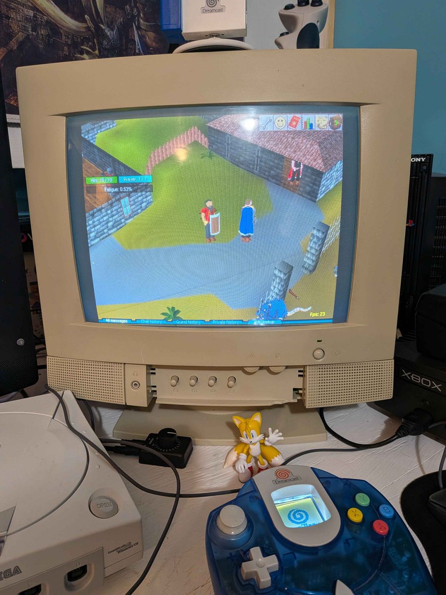 timeportals's tweet photo. Developer Lobotomy has been working on a port of RuneScape classic for Dreamcast! Currently running at almost 30fps, and ONLINE. Photo is of me testing on real hardware with the w5500 ethernet adapter ⚔️ https://t.co/XjqDENEwqc
