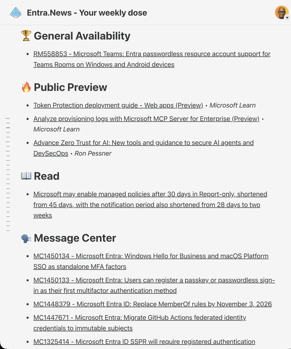 merill's tweet photo. A busy week in Microsoft Entra 👀

The announcements are one thing. Understanding what they actually mean for admins is another.

This week, the Entra community has been digging into the memberOf retirement, passkey changes, managed policy updates, plus new identity security research shared at Black Hat.

Lots of practical guidance and analysis in this week’s https://t.co/dQPwLDOJzj 👇

Featuring @andrescanello, @powers_hell, @benoit_hamet, @DanielatOCN, @darrenjrobinson, @jakob_davidson, @MGrafnetter, @michaelmsonne, @rbrayb, @rucam365, @LazyAdmin, @Shehanperera85, @12Knocksinna, @_dirkjan, @juan_snow1  and more!