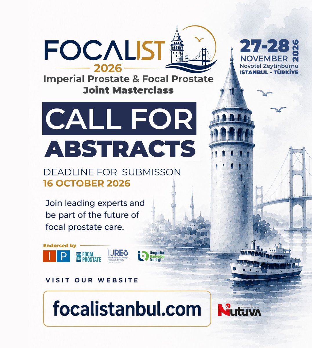 FOCALIST2026's tweet photo. 📣 Call for Abstracts is OPEN!

Share your research, ideas &amp; innovations at FOCALIST 2026 — where imaging meets intervention in prostate care.

📍 Istanbul | 27–28 Nov 2026
🌐 https://t.co/izqwoHI4ZL

#FOCALIST2026 #ProstateCancer #FocalTherapy https://t.co/EDcfamjsfb
