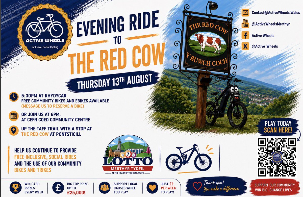 active_wheels's tweet photo. This week we have Trikes on Monday at 6pm and we’ll be visiting our friends at The Red Cow  Pontsticill at 5:30pm on Thursday. 

Please support us by buying your Merthyr Lotto tickets through our portal. Scan the QR in our ride posters or click here

https://t.co/IGsysR25Bj https://t.co/a9KyXaYmhB