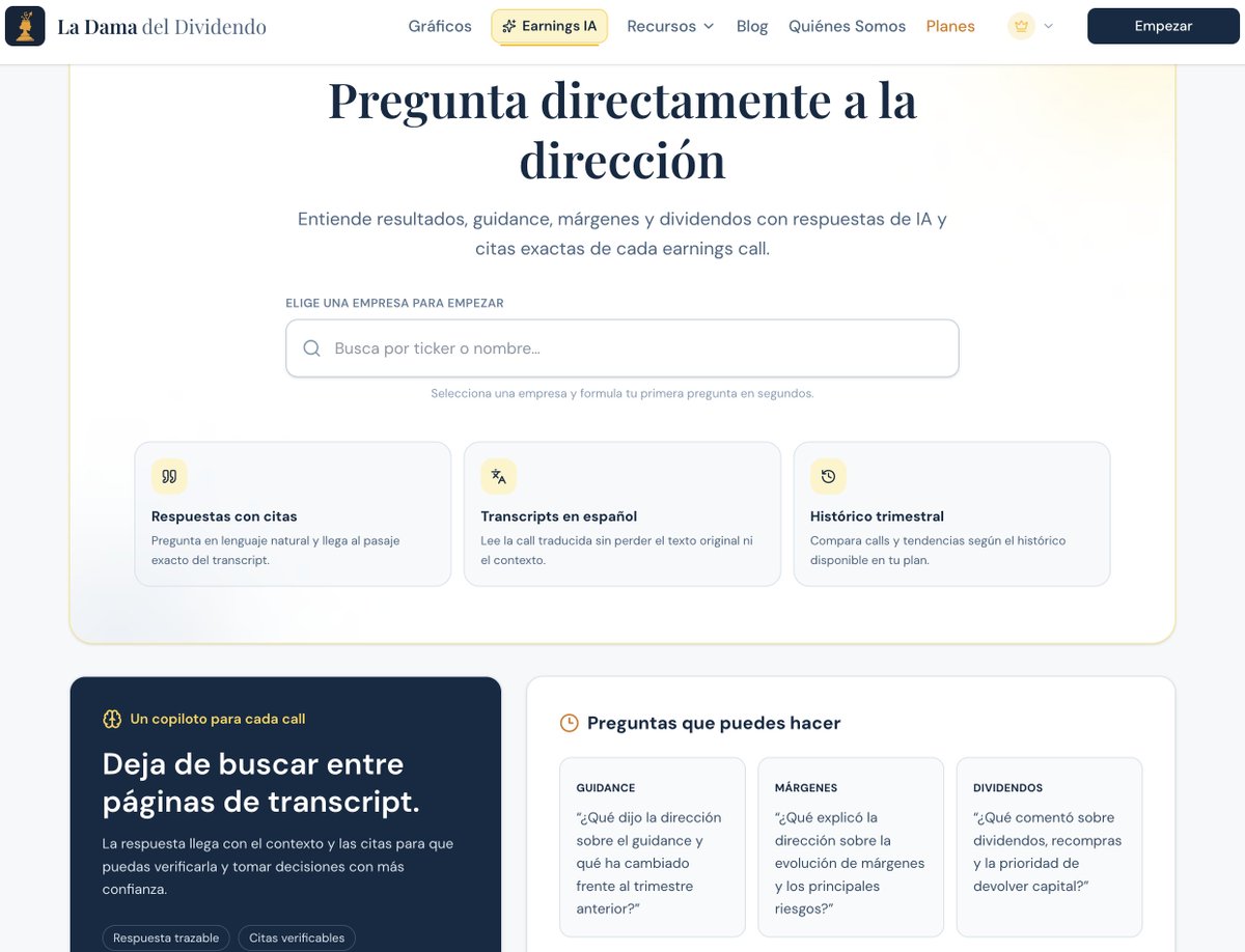DamaDividendo's tweet photo. 🔥 Os abrimos 14 días de acceso completo a la web.

La Dama del Dividendo es la herramienta hecha por inversores en dividendos, para inversores en dividendos donde puedes:

🟢 Analizar empresas con el método de Geraldine Weiss
🟢 Ver métricas clave de forma clara y visual
🟢 Usar el Chat IA de asistencia de Earnings (lo más diferencial)

14 días. Acceso completo. Sin tarjeta.

Varios de vosotros ya nos habéis dado feedback… y es lo más valioso que tenemos ahora mismo.

Os damos estos 14 días esperando vuestra opinión más sincera: qué os gusta, qué echáis en falta y qué mejoraríais.

Al terminar el periodo no os echamos: seguís dentro, pero con acceso limitado.

Hemos visto que el Chat IA de earnings apenas se ha usado todavía.

Os animamos a probarlo de verdad estos días y a contarnos qué os parece.

¿Quieres los 14 días?

Comenta "Dama Del Dividendo" 
🔁RT + ❤️a esta publicación

Y te envío la invitación por privado. 😁