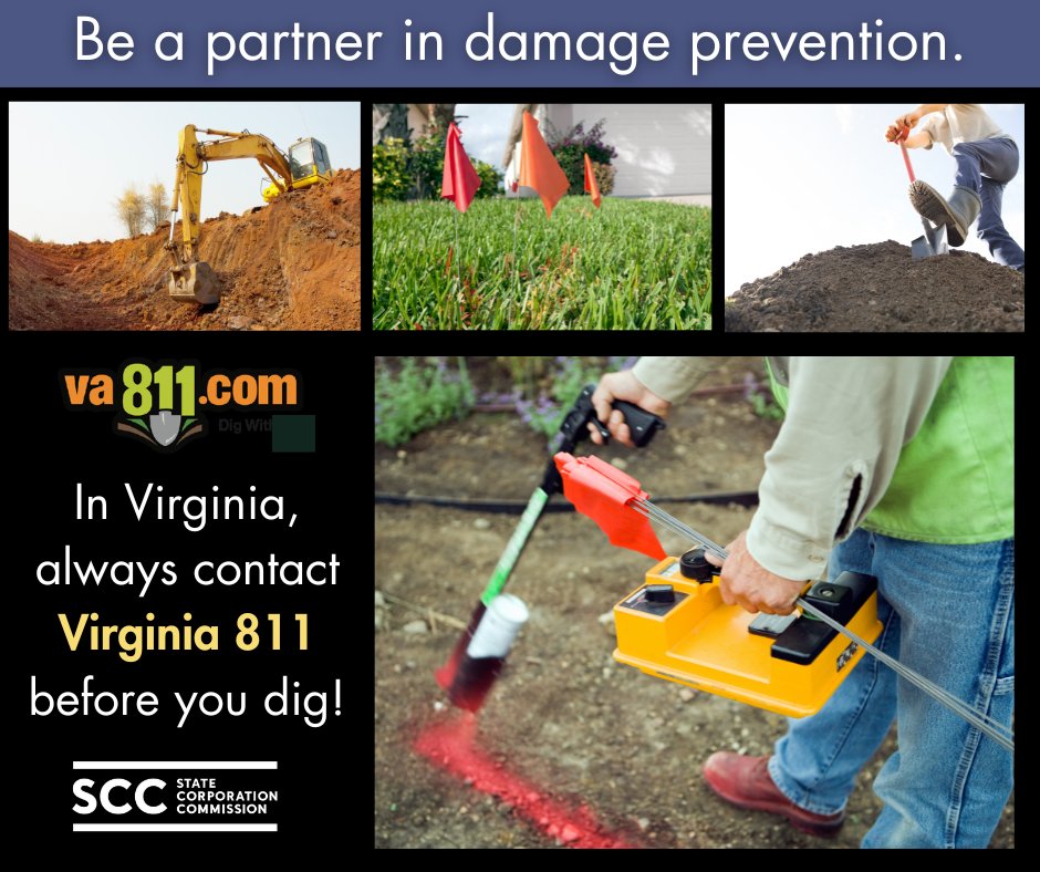 VAStateCorpComm's tweet photo. National #811Day is just around the corner. It’s a reminder to dig safely around underground utilities.

Virginians: Always #Call811 or contact https://t.co/CI0kuURTGI BEFORE you dig. Safety is in your hands. Every dig. Every time. https://t.co/Q2P05V44RK #VA811 #DigWithCARE https://t.co/aN81pwOQYH