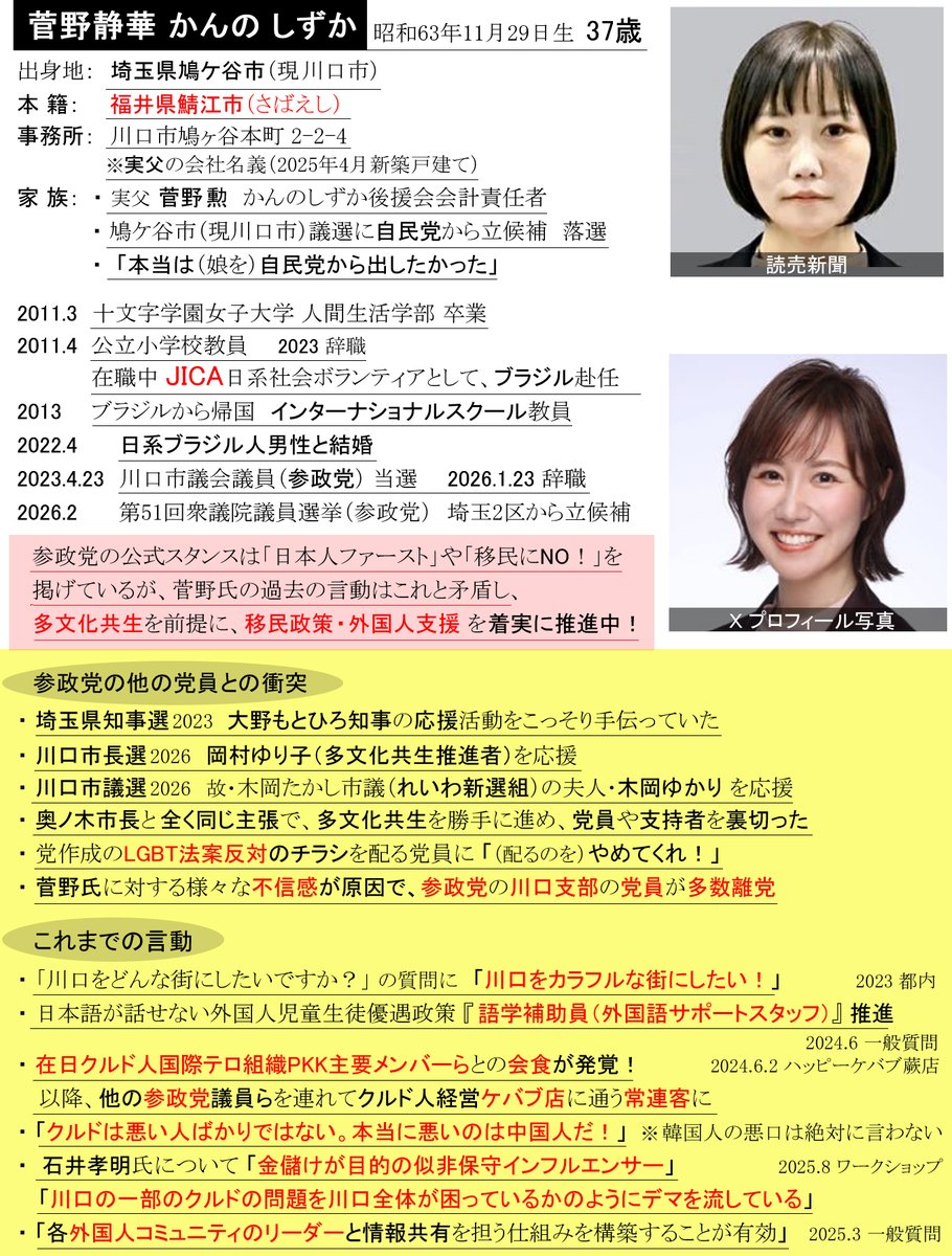 JapanSP2025's tweet photo. 今日も河合ゆうすけ氏の埼玉県知事選への出馬についてニュースになっていました。

この件について投稿されている内容を見てみますと、多くの参政党支持者からも、「今回は河合ゆうすけ氏一本で行った方がいいのではないか？」という意見が多く寄せられています。

私も「日本人ファースト」「反グローバリズム」を掲げた参政党さんには非常に期待し、応援をしておりますが、どうやら埼玉県は本当に魔境のようで、過去にJICAに勤務していた菅野しずかを立候補させ、当選させてしまった事実があります。

和田政宗氏についても実際にクルド人擁護派のイメージがとても強いようで、実際日本クルド友好議員連盟の幹事長を務めていたことでも知られています。

もし本当に参政党さんが「日本人ファースト」、「反グローバリズム」なのでしたら、今回は少し慎重に対応するべきなのではないかと思います。

私は河合ゆうすけ氏を応援しています。

#河合ゆうすけ

https://t.co/Ggpne8aPzb