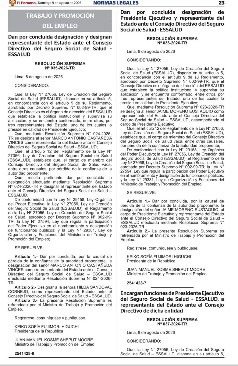 JuanSheput's tweet photo. Empezó el proceso de mejora de ESSALUD. Hoy se nombra a la viceministra de Trabajo Hilda Sandoval Cornejo como encargada en tanto se selecciona profesionalmente al nuevo presidente de ESSALUD. Cómo lo ha señalado la presidenta Keiko Fujimori: el objetivo es claro, lograr que los pacientes de ESSALUD gocen de los beneficios a los que tienen derecho. La pesadilla terminará y ESSALUD recuperará el brillo de antes por sus pacientes.