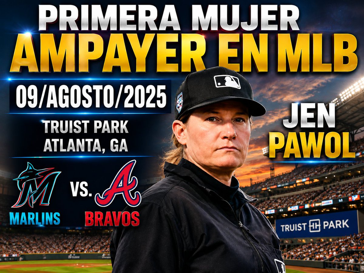 ModeloColonia's tweet photo. SUCEDIÓ UN 09 DE AGOSTO:
En 2025 Jen Pawol hizo historia al convertirse en la primera mujer ampáyer en un juego oficial de Béisbol de Grandes Ligas en el Truist Park en Atlanta, Georgia.
Debutó como ampáyer en la primera base en el juego Marlins de Florida vs. Bravos de Atlanta. https://t.co/X33Y02X0yT