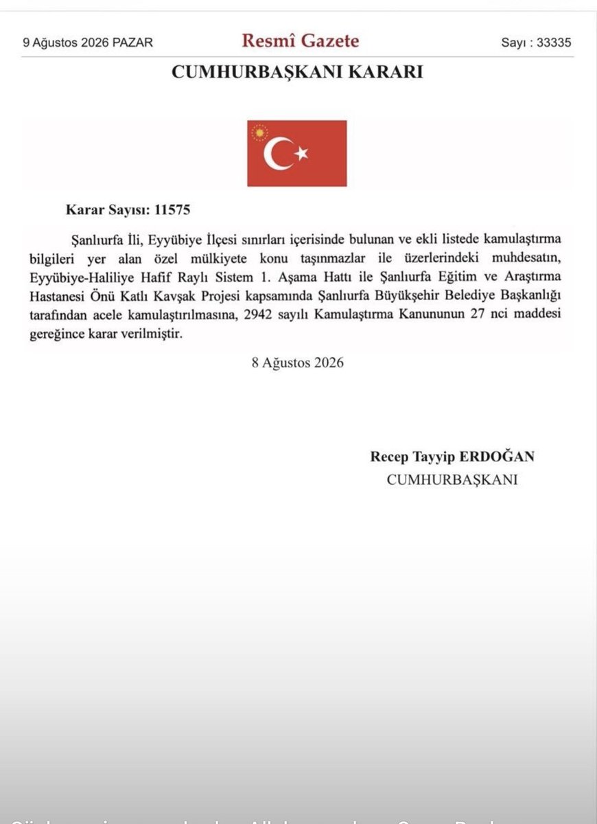 chy346's tweet photo. Şanlıurfa’mızın Hafif Raylı Sistem 1. Aşama Hattı kamulaştırma kararı Sayın Cumhurbaşkanımızın imzasıyla resmi gazetede yayımlandı.
Şehrimize hayırlı uğurlu olsun. 

Şanlıurfa Büyükşehir belediye başkanımız Sayın  #mehmetkasımgülpinar ‘a müteşekkiriz 
@RTErdogan
#sanlıurfa https://t.co/BfSd3hs613