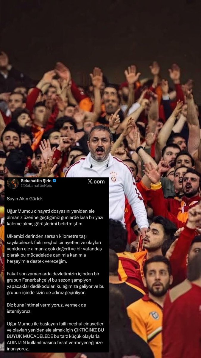 evrenyildizey's tweet photo. Sayın @RTErdogan ;

Sizi ekonomi değil, Bakan @abakingurlek in aldığı kararlar bitirecek.

@ultrAslan tribün lideri @SebahattinReis 

-TCK 191
-TCK 220
-TCK 217/A suçlarından gözaltına alınıyorsa eğer, Sebahattin Şirin’in dünkü paylaşımına kadar nerdeydi Akın Bey ?

İnsanlar bu ülkede bir bakana bir şey deyince, vatandaşa kodesi mi göstereceksiniz ? Hayalinizde ki Türkiye bu mu ?

Tüm Galatasaray camiası adına kendini siper etmiş Sebahattin Şirin’i, Cumhuriyetimizin en büyük kurumu olan @GalatasaraySK camiası, kendisini seven sevmeyen yalnız bırakmayacaktır !! Bu büyüklüğü sandıkta şahit olacaksınız.

Kendisini sevmeyenlerden biri olarak Sebahattin Şirin’in sonuna kadar yanındayım. Destekçisiyim.

Bu paylaşımımdan dolayı beni de TCK nın bilmem kaçıncı maddesinden içeri atacaksınız eğer, bari kendisinin yanına atın da anlamı olsun :)