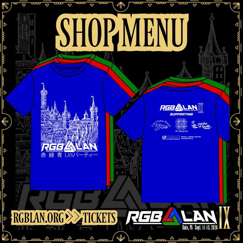 RGBLAN's tweet photo. [Shop Menu]
Why, hello traveler! It looks like you stumbled upon our wares.

Care for the selection below, or for the same design on a black hoodie?

Well, then, you're in luck! Indeed, indeed!

Head to https://t.co/tTRASKsart &amp; click "Tickets". (Can be added to existing orders.) https://t.co/YXWgmnZOH7