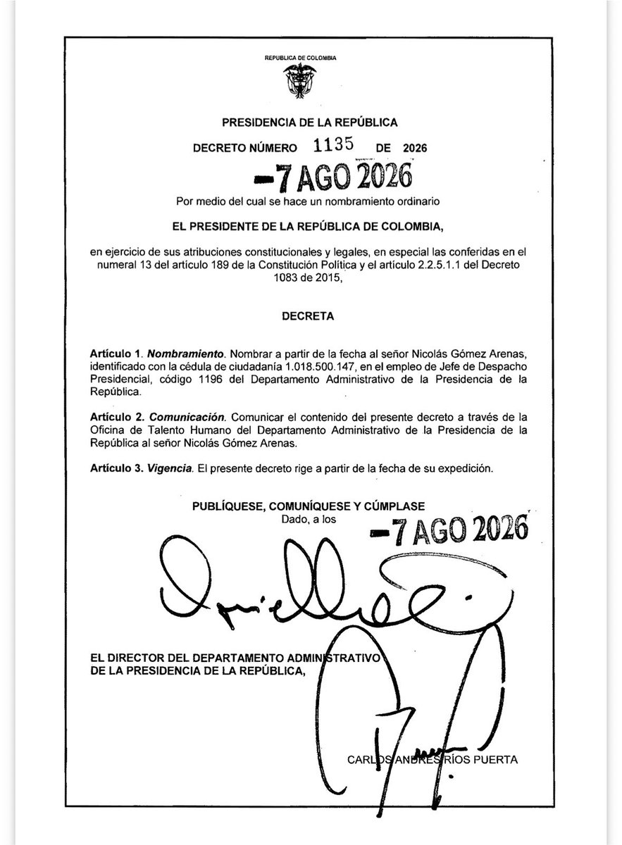 AnaErazoR's tweet photo. .@NicolasGomezMSN, hijo del senador @Enrique_GomezM y sobrino del ministro de Hacienda Miguel Gómez Martínez, es nombrado jefe de despacho de @ABDELAESPRIELLA.

Hola, @Danielbricen. ¿Estos nepotismos tan toscos y vulgares sí te gustan o ahora también vamos a llamarlos “meritocracia”?

Porque cuando el poder empieza a repartirse entre familiares, amigos y círculos políticos cercanos, el discurso contra la politiquería se cae solito.
