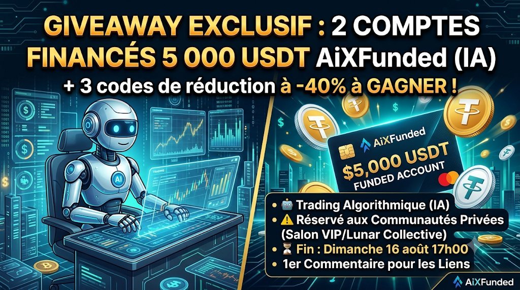 jimsmore's tweet photo. 🎁 GIVEAWAY EXCLUSIF — 2 COMPTES FINANCÉS 5 000 USDT AiXFunded (IA) + 3 CODES -40% À GAGNER ! 🎁

Prêt à exploiter la puissance du trading algorithmique ? Je mets en jeu 2 comptes financés de 5 000 USDT chez @AiXfunded, à faire piloter directement par un agent IA, ainsi que 3 codes de réduction de -40% ! 🤖📈

⚠️ Concours réservé exclusivement aux membres de mes communautés privées (Salon VIP @LeTroneFr & Lunar Collective).

Pour valider ta participation :

1️⃣ Like & Repost ce post
2️⃣ Crée ton compte AiXFunded via le lien affilié (en 1er commentaire)
3️⃣ Remplis le formulaire disponible dans les canaux privés ou via le Linktree (en 1er commentaire)
⏳ Tirage au sort : Dimanche 16 août à 17h00 (heure de Paris).
ℹ️ L'ensemble des conditions et du fonctionnement de la plateforme AiXFunded sont consultables directement sur leur site officiel.

🔍 Note : L'appartenance à la communauté, l'inscription via le lien d'affiliation, le Repost et le Like seront strictement vérifiés avant la désignation des gagnants.

Bonne chance à tous ! 🚀